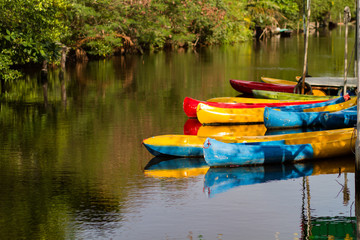 Colorful kayaks on the tropical canal