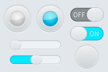 Gray and blue interface elements - button, slider, toggle switch