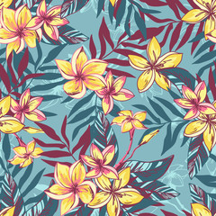 Vector illustration Tropical floral summer seamless pattern background with plumeria flowers with leaves.