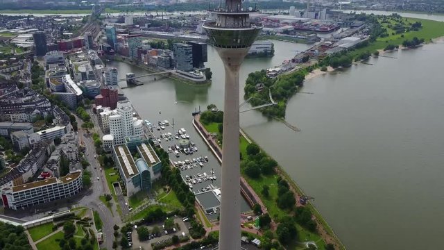 Aerial View  Germany Dusseldorf Rhine River with TV Tower and Media Harbour