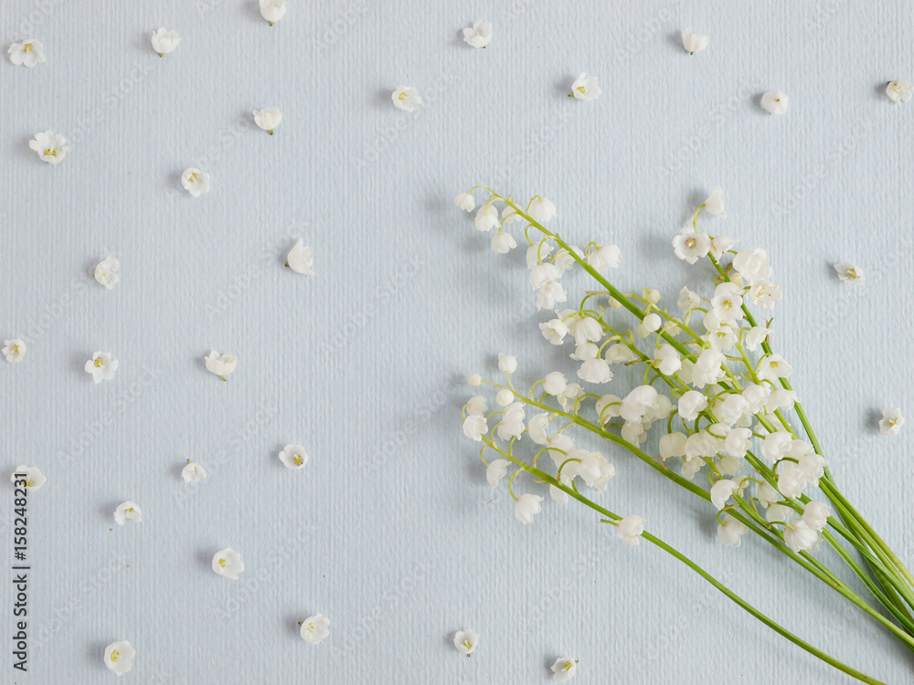 Wall mural lily of the valley on a blue paper textured background. pattern of small flowers of the may-lily. ab