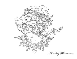 Thai art pattern,Monkey Hanuman vector hand drawing on a white background
