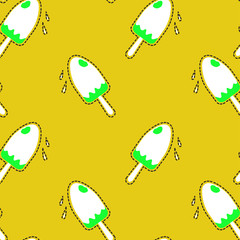 Vector illustration with mint ice cream in white glaze on yellow background. Can be used as a print on fabric and paper. Creative seamless pattern in modern style for clothes design or banners. EPS10.