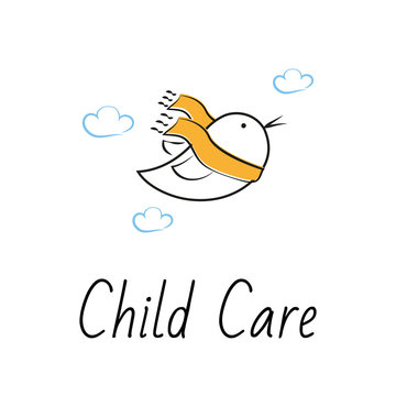 Vector logo template for baby shop, store, market or child center. A little bird with orange scarf around his neck. Child care logotype. EPS10.