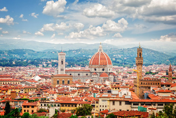 Fototapeta na wymiar cityscape with cathedral church Santa Maria del Fiore and Palazzo Vecchio, Florence, Italy, retro toned