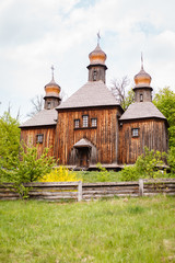 old traditional ukrainian Church. Museum under open sky in Kyiv Pirogovo, Ukraine.