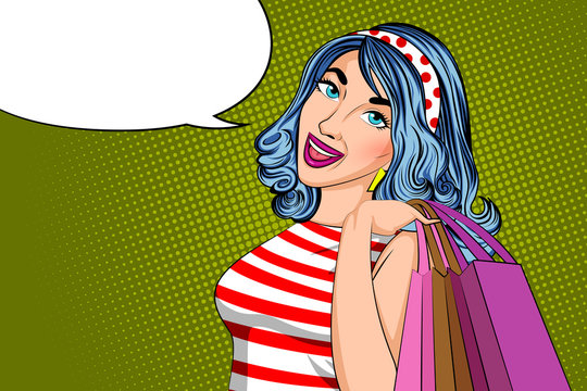 Pop Art Style Retro Lady With Shopping Bag