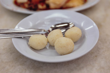 Rice balls with roasted and boiled chicken in restaurant at Melaka City, Melaka, Malaysia.