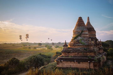 Sunrise at Bagan  Myanmar, pagodas and balloons scene