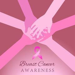 Diverse women hands joining for breast cancer awareness