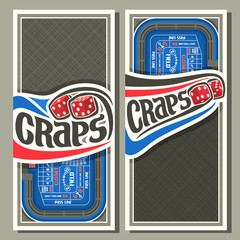 Vector vertical banners for Craps gamble: thrown pair red cube dices flying on blue craps table, lettering title - craps, layouts with frame on abstract grey background for text on gambling game theme