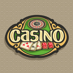 Vector logo for Casino club on brown background: roulette wheel on green table, lettering title - casino, combination of playing cards 3 seven for blackjack, 2 dice for craps, gambling sign for casino