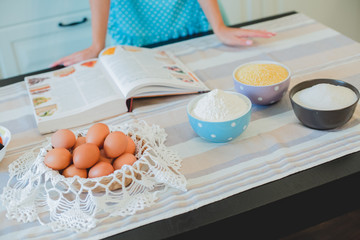 cooking in the kitchen. Eggs in the foreground