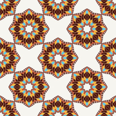 Oriental seamless geometric fabric pattern. Ethnicity ornament. Ornamental background, texture, tiled. Floral elements, mandala decor. Arabic, Islamic, moroccan, asian, indian native african motifs.