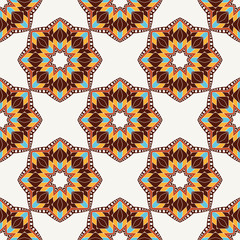 Oriental seamless geometric fabric pattern. Ethnicity ornament. Ornamental background, texture, tiled. Floral elements, mandala decor. Arabic, Islamic, moroccan, asian, indian native african motifs.