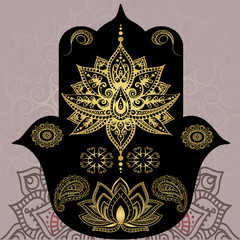 Golden symbols of Buddhism. Mandala, henna, hamsa. Indian style