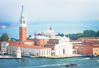 Fototapeta na wymiar view of San Giorgio island from above, Venice, Italy, retro toned