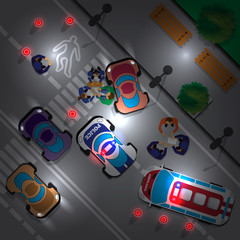 Road accident at the intersection at night.  View from above. Vector illustration.
