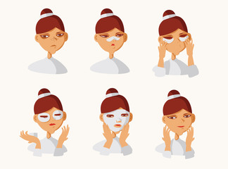 Vector set with lovely brunette girl taking care of her skin. Collection isolated on background with girl applying patches under eyes, preventing blackheads, refreshing skin tone. Before and after