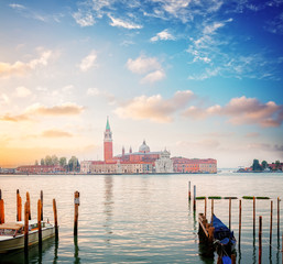 view of lagoon and San Giorgio island in sunrise light, Venice, Italy, retro toned