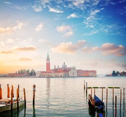 Zelfklevend Fotobehang view of lagoon and San Giorgio island in sunrise light, Venice, Italy, retro toned © neirfy