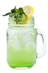 Fresh refreshing drink with ice cubes in Mason jars with lemon and mint. Summer drink on white background.