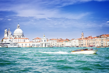Fototapeta na wymiar lagoon and Basilica Santa Maria della Salute, Venice, Italy, retro toned
