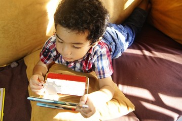 Young boy playing with interactive pop up book