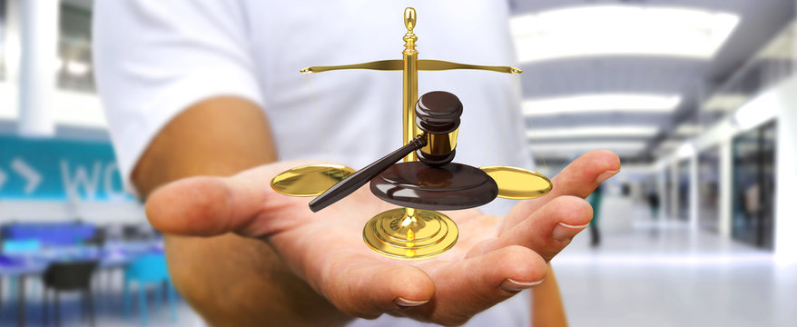 Businessman with justice hammer and weighing scales 3D rendering