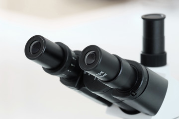 Laboratory lens of Microscope Isolated scientific research background.