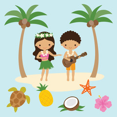 Vector illustration of girl hula dancer and boy playing ukulele guitar in Hawaii with beach elements.