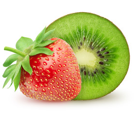 Isolated strawberry. Whole strawberry fruit with kiwi isolated on white background with clipping path