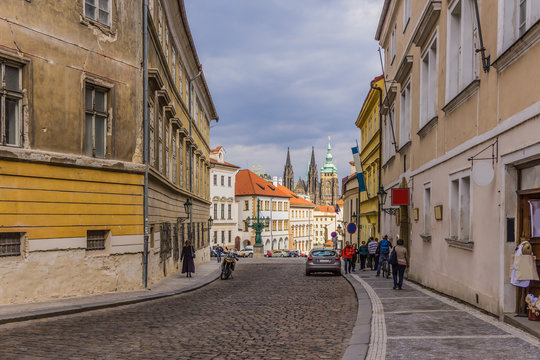 View to Hradcany and the church of St. Vitus from Loteranska street. Area of the Old Town. Prague, Czech Republic.