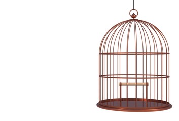 Empty bird copper cage Isolated on white background, 3D rendering