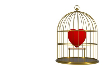 Heart inside the bird cage Isolated on white background, 3D rendering