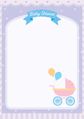 Baby shower card with baby carriage on pastel purple color background.