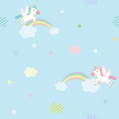 Fototapeta na wymiar Illustration of unicorns with rainbow design to seamless pattern on blue background