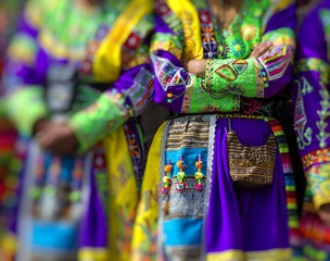 Peruvian dancers at the parade in Cusco. People in traditional clothes.