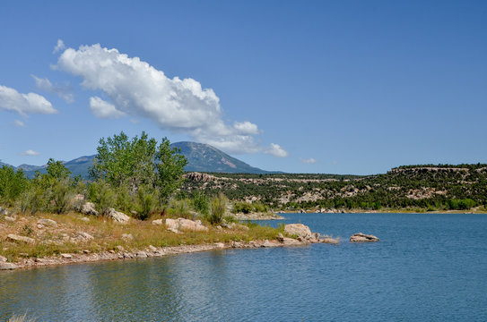 Recapture Reservoir with white clouds over Abajo Mountains in the background
Blanding, San Juan County, Utah, United States 