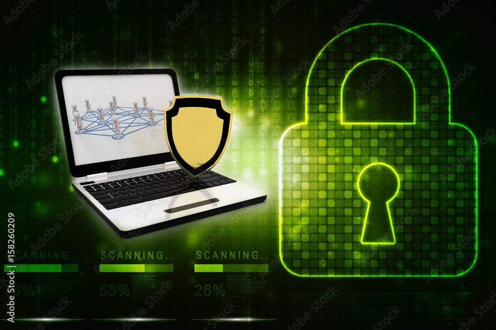 Poster 3d rendering laptop with shield