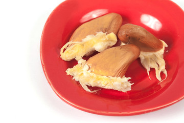 Durian seed on plate ,white background