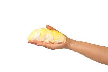 hand holdding freshness durian fruit on white background