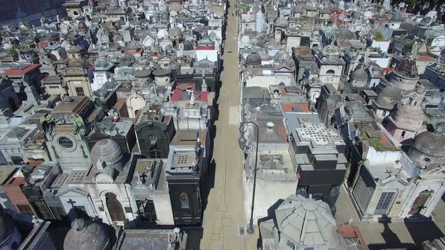 tilting down aerial view of La Recoleta Cemetery in Buenos Aires