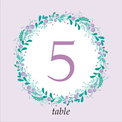 Cute wedding table number card template with hand-drawn floral elements and branches. Stylish simple design. Vector illustration.