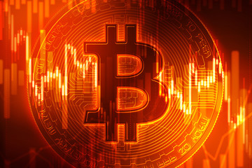 Bitcoin crisis concept with bitcoin symbol on red and orange background (new virtual money)