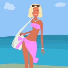 A girl in a pink beach suit on a sea background. In the hands of a young woman holds a large white bag. Vector illustration.