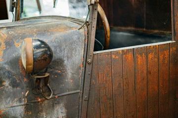 Side brown old wood door of old vintage car