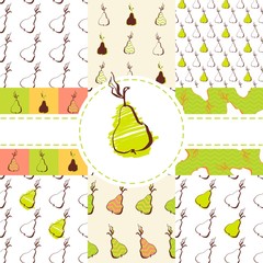 Set of Hand drawn pears seamless pattern. Cute vector pear pattern. Seamless doodle pear pattern for fabric, wallpapers, wrapping paper, cards and web backgrounds.