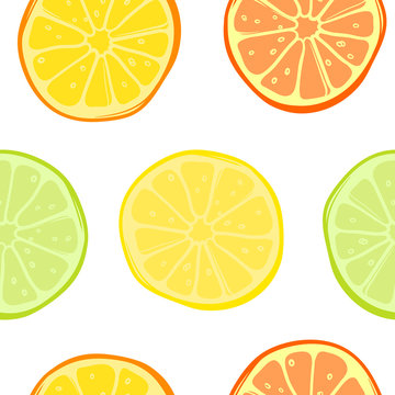 Vector seamless pattern with lemons, limes, oranges and grapefruit. Citrus fruit mix. Can be use for fabric print, postcards or drink company.