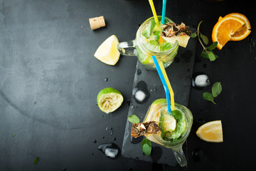 Mojito cocktail of fresh lime and mint with ice